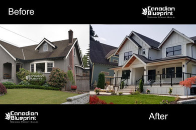 Mid-sized craftsman white two-story wood exterior home idea in Vancouver with a shingle roof