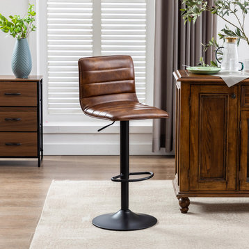 1 x Horizontal Stitched Faux Leather Bar Stool, Yellowish Brown