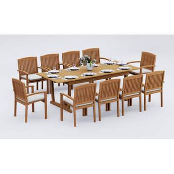 11-Piece Outdoor Teak Dining Set: 94" Rectangle Table, 10-Wave Stacking Chairs