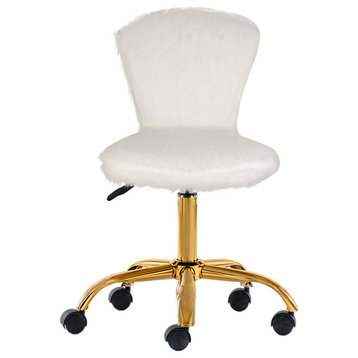 Faux Fur Upholstered White Makeup Vanity Chairs With Golden Chrome Base