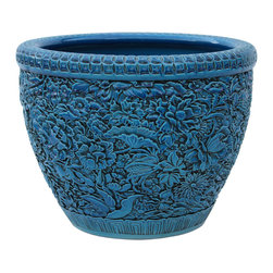 Chinese Ceramic Blossom Flowers Relief Motif Bright Blue Color Pot Planter - Indoor Pots And Planters