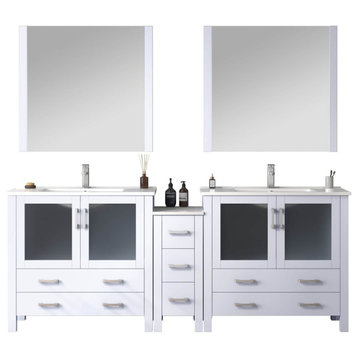 Lexora Volez 84" Vanity Cabinet, White, Top, Mirror, 4 Doors 7 Drawers