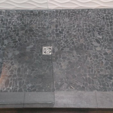 MASTER BATHROOM - Large Wave Tile Shower / Penny Tile Wainscot / Ikea Cabinets