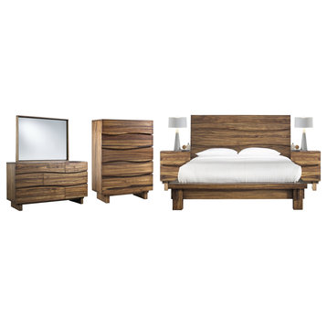 Oasis 6PC E King Platform Bed, 2 Nightstand, Dresser, Mirror, Chest Wood