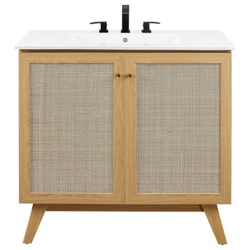 Modway Soma 36" Modern Wood Bathroom Vanity with Adjustable Shelf in Oak/White