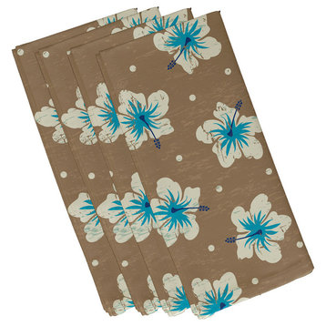 Hibiscus Blooms, Floral Print Napkin, Beige And Taupe, Set of 4