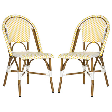 Set of 2 Outdoor Dining Chair, Aluminum Frame With Woven Wicker, Yellow/White