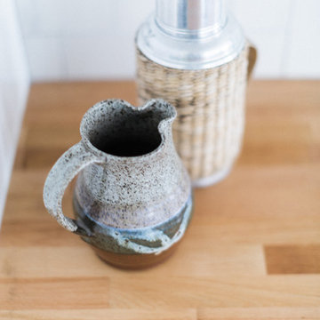 Vintage Kitchen Accents, Wicker Thermos Bottle and Handmade Pottery Pitcher