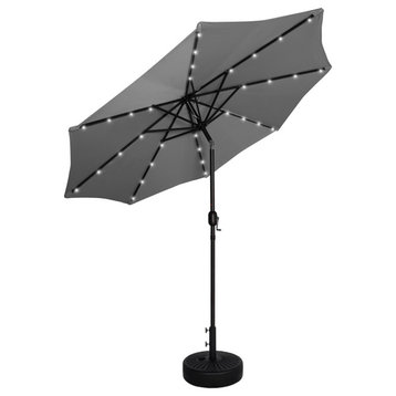 WestinTrends 9Ft Outdoor Patio Solar Power LED Market Umbrella, Black Round Base, Gray