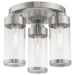 Livex Lighting - Livex Lighting Brushed Nickel 3-Light Ceiling Mount - The three light ceiling mount from the Hillcrest collection features a simple elegant brushed nickel frame paired with clear glass shades. Each shade is accented with a banded brushed nickel ring to carry through the theme of finely crafted metal fittings.�