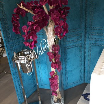 rge cylinder w/Wine silk orchids and exotic wood handmade