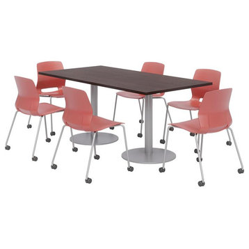 36 x 72" Table - 6 Lola Coral Caster Chairs - Espresso Top - Silver Base