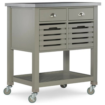 Contemporary Kitchen Cart, 2 Drawers & Wooden Baskets With Slatted Front, Gray