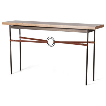 Equus Wood Top Console Table, Dark Smoke Finish, Chestnut Leather, Natural Maple Wood Top