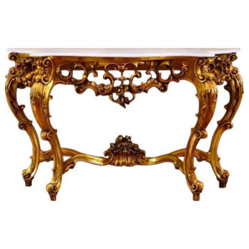 Rococo Gilded Console Table, White Marble