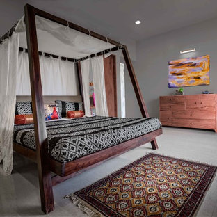 Ispirazione per una camera da letto etnica con pareti grigie