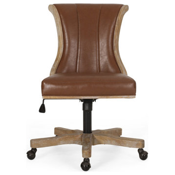 Andrea Contemporary Upholstered Roll Back Swivel Office Chair, Cognac + Natural, Faux Leather