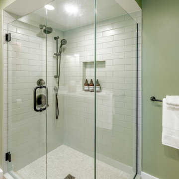 Frameless Glass Walk-In Shower and Sage Green Accents