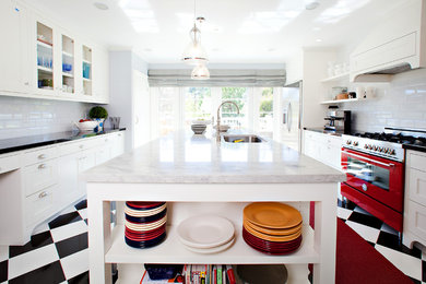 Inspiration for a transitional enclosed kitchen remodel in San Francisco with open cabinets, a single-bowl sink, white cabinets, white backsplash, subway tile backsplash and colored appliances