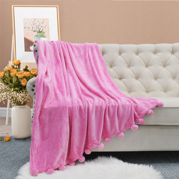 Pom Pom Flannel Fleece Throw Blanket, Candy Pink, 50" X 60"