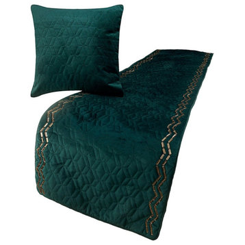 Designer King 90"x18" Bed Throws Runner Quilted Crystals, Teal Diamond Symphony