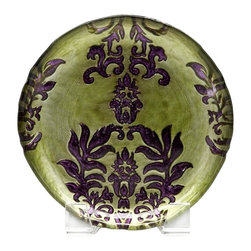belle & June - Damask Canape Plate Green and Purple-Set of 4 - Salad And Dessert Plates