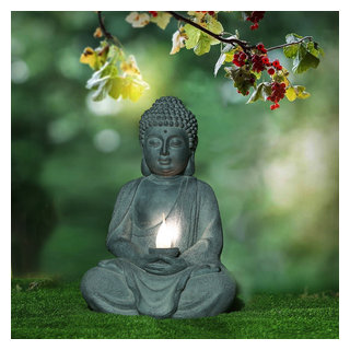 Meditating Buddha Statue with Solar Light - Asian - Garden Statues