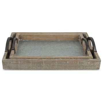 Set of 2 Wood Frame Tray With Galvanized Base/Cast Iron Handles