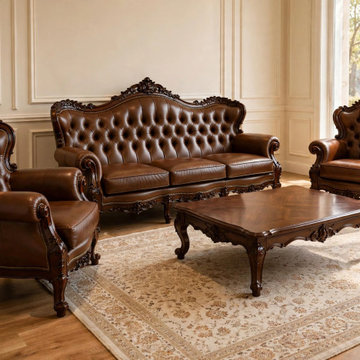 Luxury Solid Teak Wood Tufted Leather Sofa Set | French Classic Living room