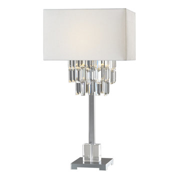 Mid Century Modern Geometric Crystal Drops Table Lamp, Silver White Art Deco