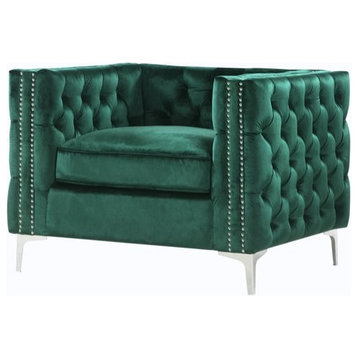 Chesterfield Chair, Chrome Legs With Button Tufted Upholstery and Nailhead, Green