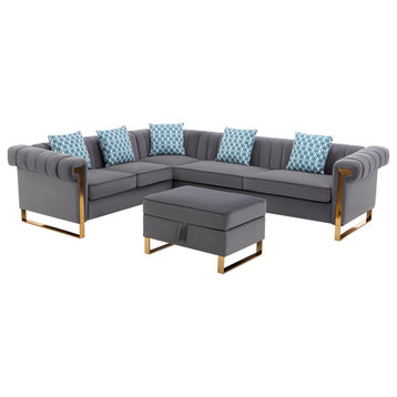 Maddie Velvet 6-Seater Sectional Sofa With Storage Ottoman, Gray