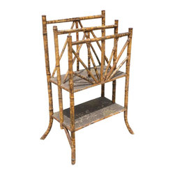 Restored Antique Tiger Bamboo Magazine Rack with Divider and Bottom Shelf - Books