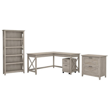 Bush Furniture Key West 60W L Desk with Cabinets & Bookcase in Washed Gray