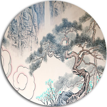 Chinese Blue Tree Art, Floral Painting Round Wall Art, 23"