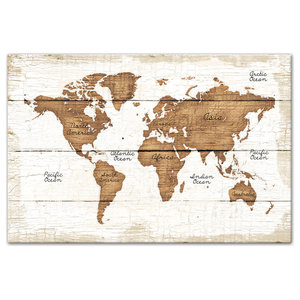 Wood Rectangle Panel Giclee Print Of World Map Natural Finish Brown Farmhouse Prints And Posters By Virventures