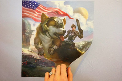 ArtCling of Malcolm riding a corgi