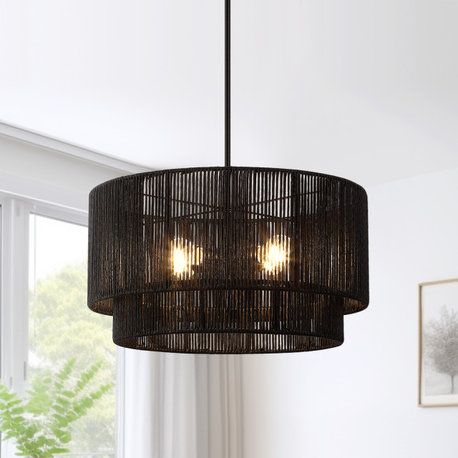 22" W 4-Light Rattan Tiered Drum Chandelier Light With Black Canopy, Black