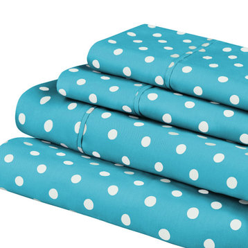 Cotton Blend Polka Dot Durable Bed Sheet, Aqua, Full