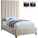 Meridian Furniture - Via Velvet Upholstered Bed, Cream, Twin - Take the look of your bedroom to new decorative heights with this ultra-modern Via twin upholstered bed. Rich cream velvet upholstery gives this bed a true upscale feel and epitomizes fine living while channel tufting along the headboard keeps the padded material inside plump and it also cradles your body while you sit up in bed to watch TV or read. Metal legs bring this platform bed up off the floor, allowing clearance below for cleaning and adding to its svelte contemporary profile.