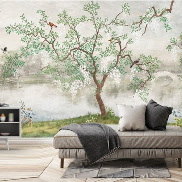 Misty Garden Tree Chinoiserie Wallpaper