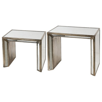 27, 21" Nesting Side Table Set of 2, Mirrored Wood Frame, Silver