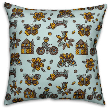 Kids Whimsical Folk Pattern, Blue Outdoor Throw Pillow, 16"x16"