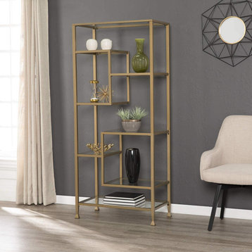 Contemporary Bookcase, Golden Frame With Staggered Tempered Glass Shelves