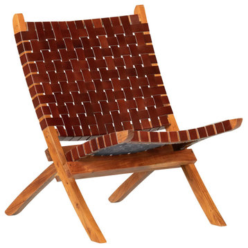 Retro Modern Accent Chair, Acacia Wood Frame and Leather Strips Woven Seat, Brown