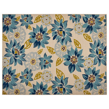 Lilith Outdoor Floral Area Rug, Ivory and Anemone, 7'10"x10'