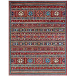 Noori Rug - Khurgeen Ife Red and Blue Rug, 9'3x12 - This is a high quality hand-knotted oriental rug with a striped tribal design. The main field color is made out of multicolored wool, natural fibers and a combination of other contrasting colors, such as, Red, Green, Rust, Blue, and orange. To extend the life of this rug, we recommend to always use a rug pad. Professional cleaning only.