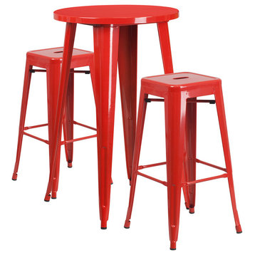 24" Round Red Metal Bar 3-Piece Table Set With 2 Square Seat Backless Stools