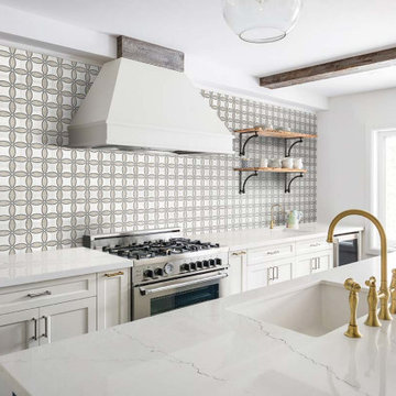 Patterned cement look porcelain tile backsplash