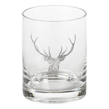 4.5" Tall Double Old Fashioned Glasses, Stag Head Design, Clear, Set of 6
